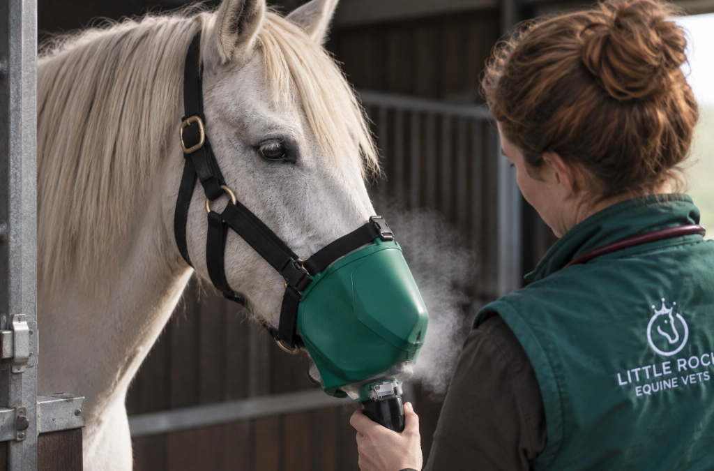 A vet from Little Rock Equine Vets using a nebuliser on a white horse