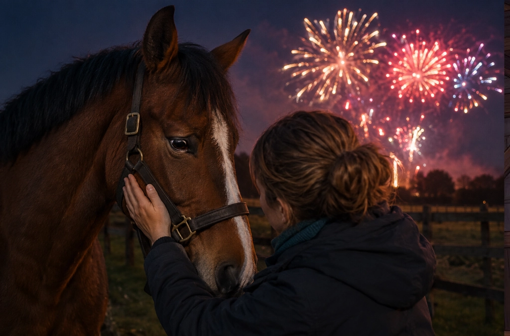 A horse being cared for by its owner with fireworks going off in the background.
